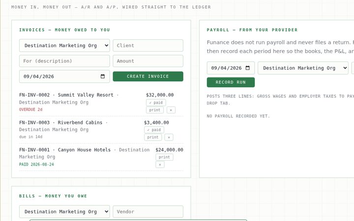 The Invoices & Bills room of the Funance app
